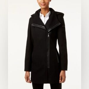CALVIN KLEIN Faux Leather Trim Asymmetrical Coat